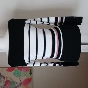 WHBM off shoulder knit top sweater boatneck long sleeve Stripe black cream XS